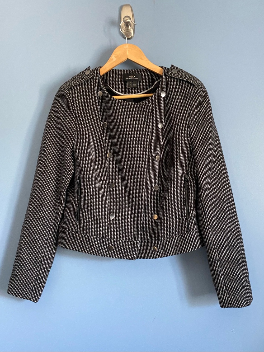 Mexx Black and White Textured Double-Breasted Jacket